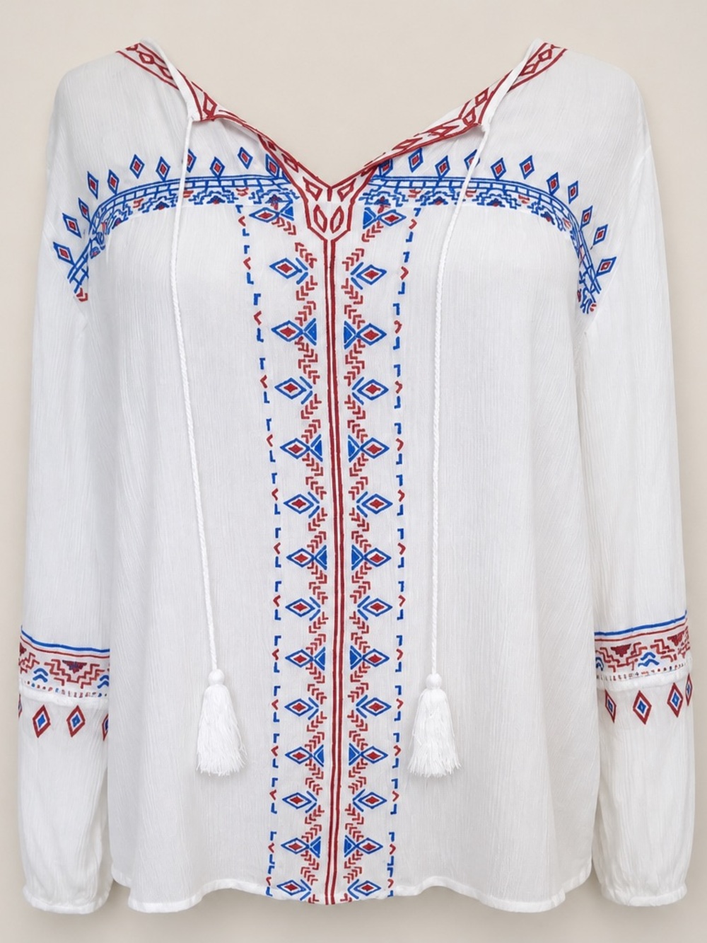 Lord & Taylor Boho Embroidered V-Neck Tunic - White with Blue & Red #214